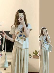 Summer Casual Loose Fit Cotton T-Shirt Womens Printed Short Sleeve Comfortable Slimming Top Korean Style Spring Commute