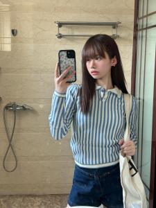 Lin Momo Early Autumn 2024 High-End Blue White Stripes Polo Neck Knitted Long Sleeve Womens Fashion Casual Loose Fit Top