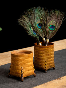 Handcrafted Bamboo Wicker Inkwell Tea Ceremony Storage Tube Six Gentlemen Tea Tube Square Base round Mouth Four Legs Fine Small Bamboo Basket