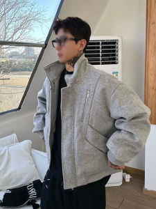 Mens Winter Thickened Short Jacket Double Zipper Harington Cotton Coat Woolen Fabric Youth Fashion Warm Long Sleeve Coat