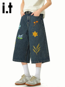 izzue | American Sunflower Embroidery Washed Vintage Loose-fit Mens Denim Shorts