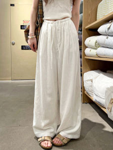 Quần Ống Rộng Vải Lanh Trắng Cho Nữ Mùa Hè 2025 Quần Ống Đứng Lưng Cao Rộng Rãi Thoải Mái Vải Lanh Cotton Lụa Băng