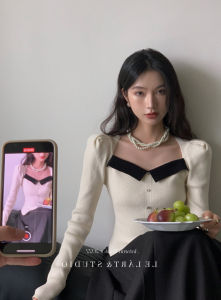 เสื้อสเวตเตอร์คอเหลี่ยมสไตล์ฝรั่งเศส แขนพอง ทรงสลิมฟิต ทรงเข้ารูป ทรงเข้ารูป แขนยาว ปกติ แขนยาว ปกติ เสื้อสเวตเตอร์