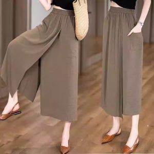 High-Waisted Ice Silk Dress Pants for Women Casual Summer Style Wide-Leg Capri Pants with Pocket Easy Matching Loose Fit