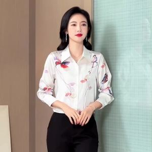 AMMIN New Chinese Style Chinese Wind Hand-painted Bowknot Print Long Sleeve Chiffon Shirt for Women 2025 Spring Autumn Turn-down Collar Long Sleeve Single-breasted Commuting Elegant Blouse