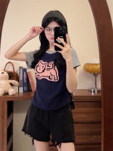 Áo Thun Nữ Tay Ngắn Dáng Ôm Họa Tiết Mèo Dễ Thương Màu Khối Thêu Cổ Tròn Mùa Hè Chất Liệu Cotton Pha Trộn Polyester