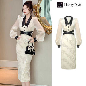 Happy Diva เดรสผู้หญิง เดรสสีครีม เดรสซาติน เดรสทำงาน เดรสไฮโซ เดรสวินเทจ เดรสออกงาน เดรสปาร์ตี้ ชุดราตรี 91341