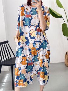 Summer Cartoon Print Sleepwear Short Sleeve Artificial Cotton Romper Lightweight Loose Fit Womens Home Leisure Dress