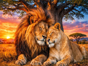 HUACAN Diamond Mosaic Lion Animal Resin Square Round Drill Painting Sunset Hobby Creative Handmade Crafts Complete Wall Decor
