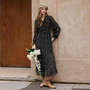XIANGYING | Black Long Sleeve Floral Dress Women Spring New Arrival Chiffon V-Neck