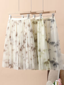 Water-Media Printed Chiffon A-Line Midi Skirt Womens Short Skirt Floral Summer New Style Floating Gauze Skirt Large Sweep Over-Knee
