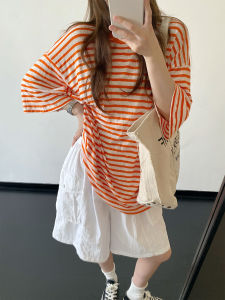 Grapefruit Soda Knit Stripe Drop Shoulder Loose Oversized T-Shirt