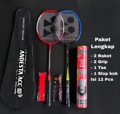 RAKET BADMINTON SENYAWA TANPA SAMBUNGAN 2 RAKET 1 TAS 12 PCS KOK FREE GRIP