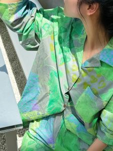 Green Pure Cotton Loose Fit Home Wear Sleepwear Retro French Style Casual Luxurious Comfortable Long Sleeve Leisure Suit