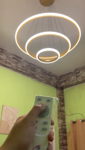 [Support Lalamove Bulk Order] Restaurant Chandelier 24Inch Remote Control Tri Color Pendant Light High Senior Golden Northern Europe Dimmable Tri Circle Hanging Lamp Living Room Home Decoration Ceiling Light