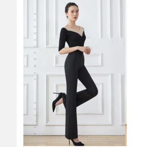 Dancing Womens Jumpsuit Patchwork Mesh Black Body Model Runway Etiquette Training Suit Concealed Buckle