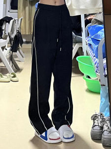 พลัสไซส์ ผู้หญิง พรางหุ่น สีดำ ขาตรง กางเกงลำลอง ผ้าขนแกะ ขากว้างเรียงราย สไตล์สปอร์ต ลายทาง กางเกงขายาว สําหรับฤดูใบไม้ร่วง ฤดูหนาว