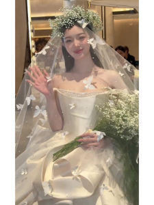 Wedding Day Long Lace Headpiece Bridal Accessory White Butterfly Embroidery Elegant Forest System Main Dress Headscarf