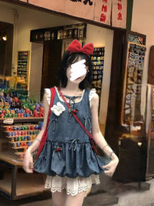 Bộ Váy Denim Cherry Bow Và Chân Váy Xếp Ly Phồng Dễ Thương Bộ Trang Phục Mùa Hè Thời Trang Cho Nữ