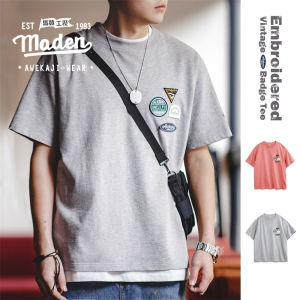 MADEN เสื้อยืดผู้ชาย2025สไตล์อเมริกันเสื้อยืดผ้าฝ้ายคอกลมล้วนปักลายลำลองเสื้อยืด