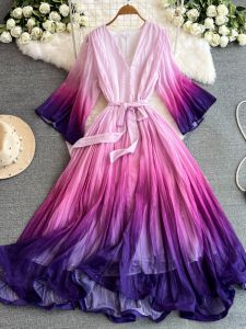 High-End Womens Gradual Color Loose Belted V-neck Puffy Sleeve Dress Korean Style Commute Element Favored A-line Midi Dress