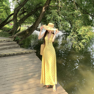 French Romantic Design Loose V-Neck Hanging Neck Backless Strap Long Dress Super Fairy Tale Holiday Skirt A-Line Maxi Dress