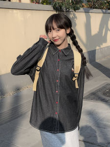 ม้าปักย้อนยุค สีดำ เดนิม เสื้อเชิ้ต ผู้หญิง ฤดูใบไม้ผลิ ฤดูใบไม้ร่วง ขนาดเล็กไม่ซ้ําใคร สวยสุด ๆ เสื้อท่อนบน หวาน สไตล์ญี่ปุ่นสีบริสุทธิ์