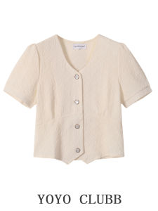 Yoyo Clubb Irregular V-neck Short-Sleeved Shirt Womens Summer Plus Size Slimming and Short French Puff Sleeve Shirt