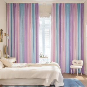 Kids Colorful Rainbow Curtains For Bedroom 2-Layer Hollow Out Twinkle Star Drapes For Girls Antique Grommet Top Window Decor