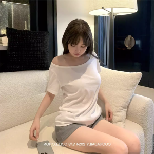 Lightweight Linen Cotton Lazy Sloppy Shoulder Large Collar T-Shirt Summer New Loose Versatile Top Simple Casual Style U-Neck Short Sleeve