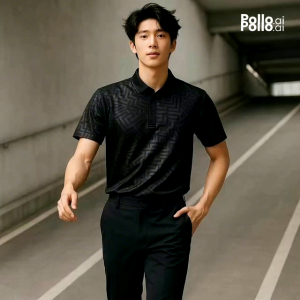 โปโลชุดชมเชยนางมารดาไทย 3D สับลิเมชัน ลวดลายฟ้าผ่าเงินและจุดสีเงิน โปโลสีดำ กลั่นแขนสั้น ผ้าชิด