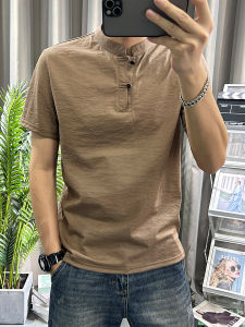 Cotton and Linen Short Sleeve Polo Shirt Mens Trendy Youth Silm Summer Thin Casual Linen Pure Color Lapel T-shirt Half Sleeve