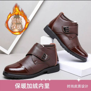 Thickened Fleece Lined Winter Boots Casual Leather Shoes for Men Warm British Style Cotton Leather Boots Low Heel round Toe