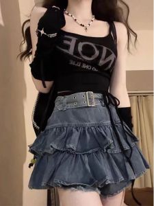 Váy Denim Nữ Cạp Cao Kiểu Hàn Quốc Dáng Chữ A Tay Ngắn Họa Tiết Hoa Chất Liệu Polyester Mùa Xuân 2025