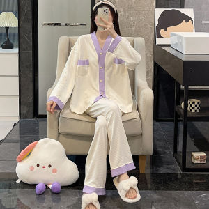 แขนยาว Pure ผ้าฝ้าย ลายวาฟเฟิล ชุดนอน สําหรับเด็กผู้หญิง ฤดูใบไม้ผลิ ฤดูใบไม้ร่วง ลำลอง หลวม สีดำ เสื้อผ้าบ้านชุดสองชิ้น