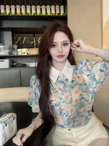 GUZILIAN | Sweet Floral Print Bubble Sleeve Loose Womens Shirt Hong Kong Style Summer New Design Versatile Top Casual Fashion