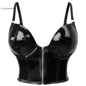 Womens PU Leather Bustier Corset Top with Adjustable Straps Push Up Design Sheer Lace Back & Hook-and-Eye Closure