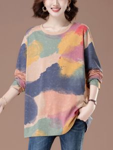 Pure Cotton Long Sleeve T-Shirt Womens Spring Autumn Loose Fit Large Size round Neck Printed Top for Middle-Aged And Elderly Mothers
