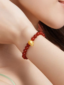 ZHOU LIU FU 周六福 24K Solid Gold Bracelets for Women Stretchable "Lucky Animals" Real Gold Rabbit Bangle Charm Bracelets Pure Gold Agate Beaded Zodiac Bunny Bracelet