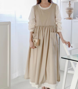 Cross-Border Amazon K-style Cotton and Linen Apron Dress round Neck Slit Fashion Mori Girl Art Manicure Milk Tea Overclothes