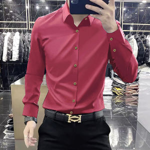 เสื้อเชิ้ตผู้ชายทรงหลวมแขนยาวยืดหยุ่นสีดำแฟชั่นฤดูใบไม้ร่วง ป้องกันรอยยับ ผ้าไนลอน ผ้าอะซิเตท เสื้อเชิ้ตธุรกิจแบบลำลอง