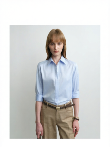 Commute Waist-accentuating Blue Trim-fit Mid-sleeve Shirt