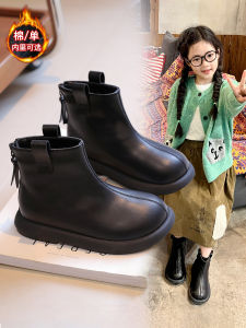 Girls Fleece Lined Martin Boots Childrens Autumn Winter Fashion Short Boots round Toe Flat Bottom Rubber Sole Super Fiber Leather