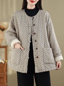 Retro Chinese Style Womens Cotton Jacket Winter Thickened Large Size Floral Print round Neck down Filled Outerwear Coat