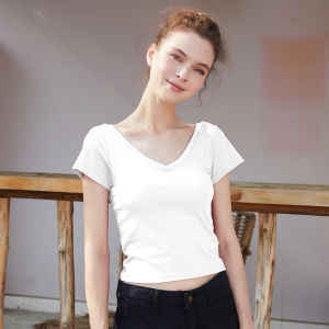Pure Cotton Short Sleeve T-Shirt Women Summer with Chest Pad Base Shirt V-neck Back Exposure Half Sleeve U-shaped Beautiful Back Short Model Belly Button Exposure Top