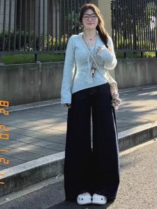 High Waist Wide Leg Denim Jeans Womens Spring Autumn Vintage Straight Cut Draping Sensation Slimming Effect Casual Trousers