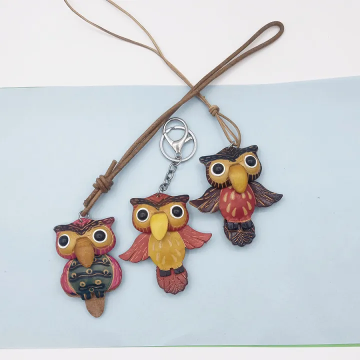 Creative Owl Keychain Miniature Top Layer Cowhide Bag Charm Unique Gift Item Fashionable Accessory for Handbags
