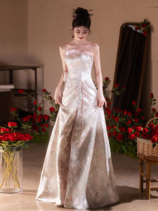 ชุดราตรีคอวีแขนกุดผ้าฝ้ายโพลีเอสเตอร์ กระโปรงยาวปานกลาง ทรงเข้ารูป สำหรับผู้หญิง ชุดแต่งงานแบบจีนใหม่ ชุดราตรียาวปานกลาง