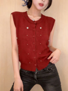 QINGNAER | Retro Style Red Beaded Sleeveless Vest Blouse