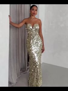 Đầm Dạ Hội Đuôi Cá Không Dây Cổ Chữ V Đính Sequin Lưng Trần Dáng Ôm Dài Chất Liệu Polyester Dành Cho Mọi Lứa Tuổi Gợi Cảm Mùa Xuân 2026.